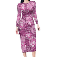 Hawaii Family Matching Long Sleeve Bodycon Dress and Hawaiian Shirt Magenta Polynesian Monstera Patterns DT05 Mom's Dress Magenta - Polynesian Pride