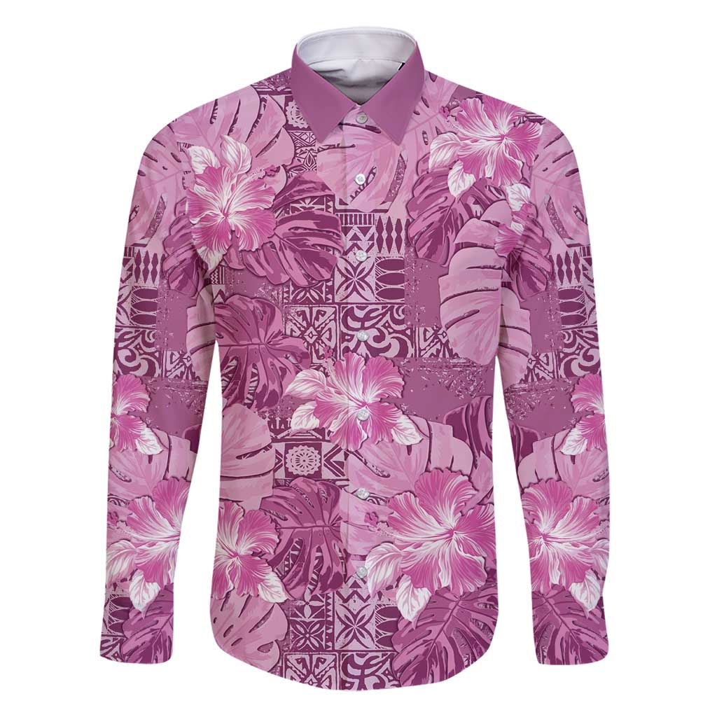 Hawaii Family Matching Mermaid Dress and Hawaiian Shirt Magenta Polynesian Monstera Patterns DT05 Dad's Shirt - Long Sleeve Magenta - Polynesian Pride
