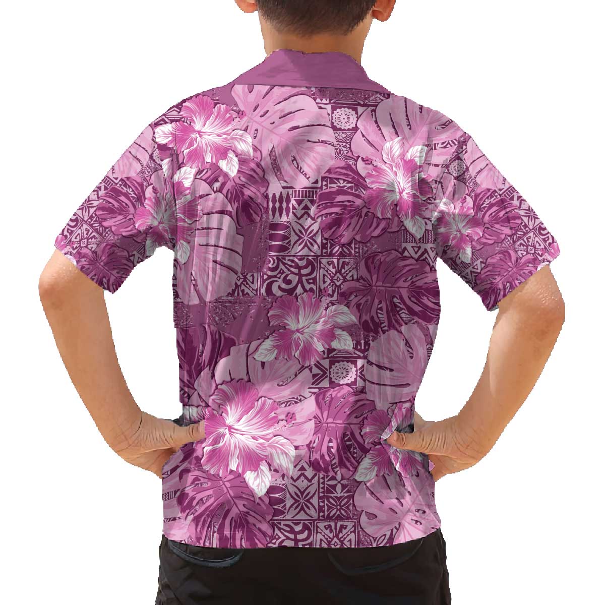 Hawaii Family Matching Off The Shoulder Long Sleeve Dress and Hawaiian Shirt Magenta Polynesian Monstera Patterns DT05 - Polynesian Pride