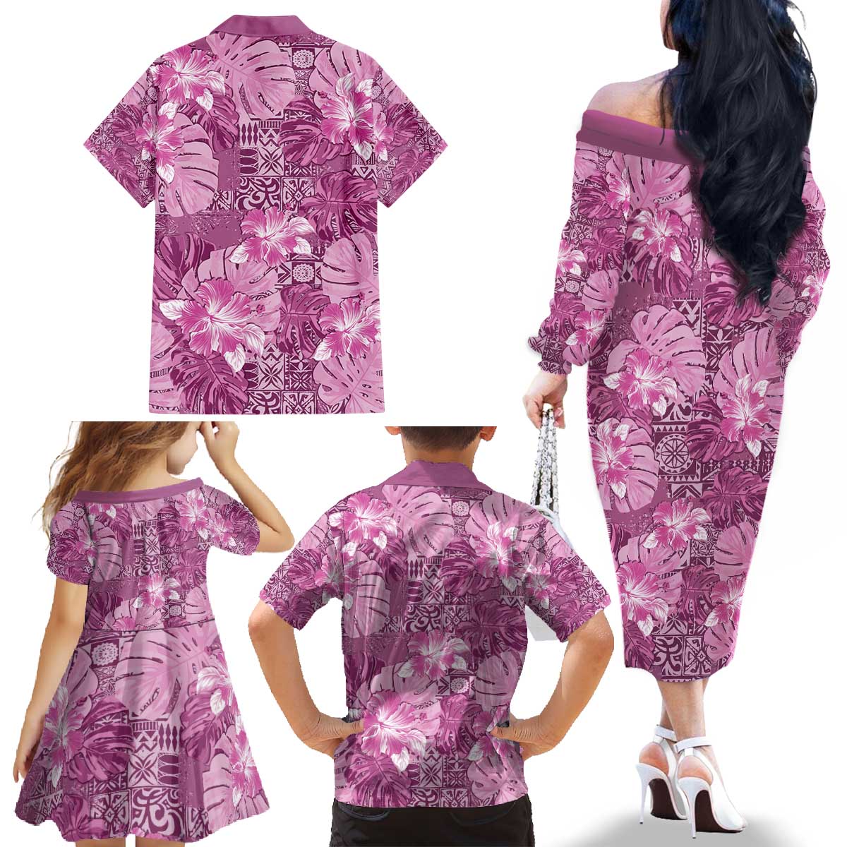 Hawaii Family Matching Off The Shoulder Long Sleeve Dress and Hawaiian Shirt Magenta Polynesian Monstera Patterns DT05 - Polynesian Pride