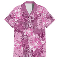 Hawaii Family Matching Off The Shoulder Long Sleeve Dress and Hawaiian Shirt Magenta Polynesian Monstera Patterns DT05 Dad's Shirt - Short Sleeve Magenta - Polynesian Pride