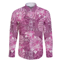 Hawaii Family Matching Off The Shoulder Long Sleeve Dress and Hawaiian Shirt Magenta Polynesian Monstera Patterns DT05 Dad's Shirt - Long Sleeve Magenta - Polynesian Pride