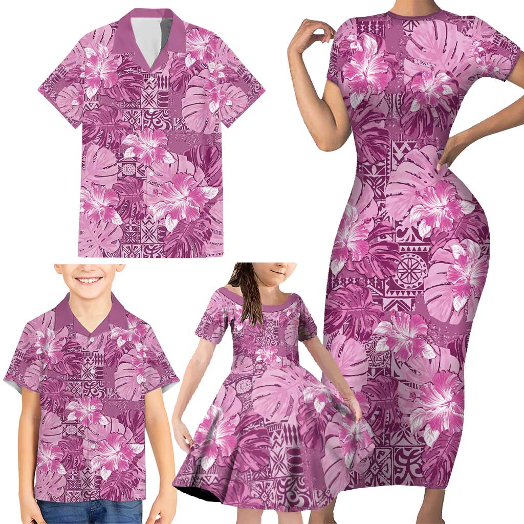 Hawaii Family Matching Short Sleeve Bodycon Dress and Hawaiian Shirt Magenta Polynesian Monstera Patterns DT05 - Polynesian Pride