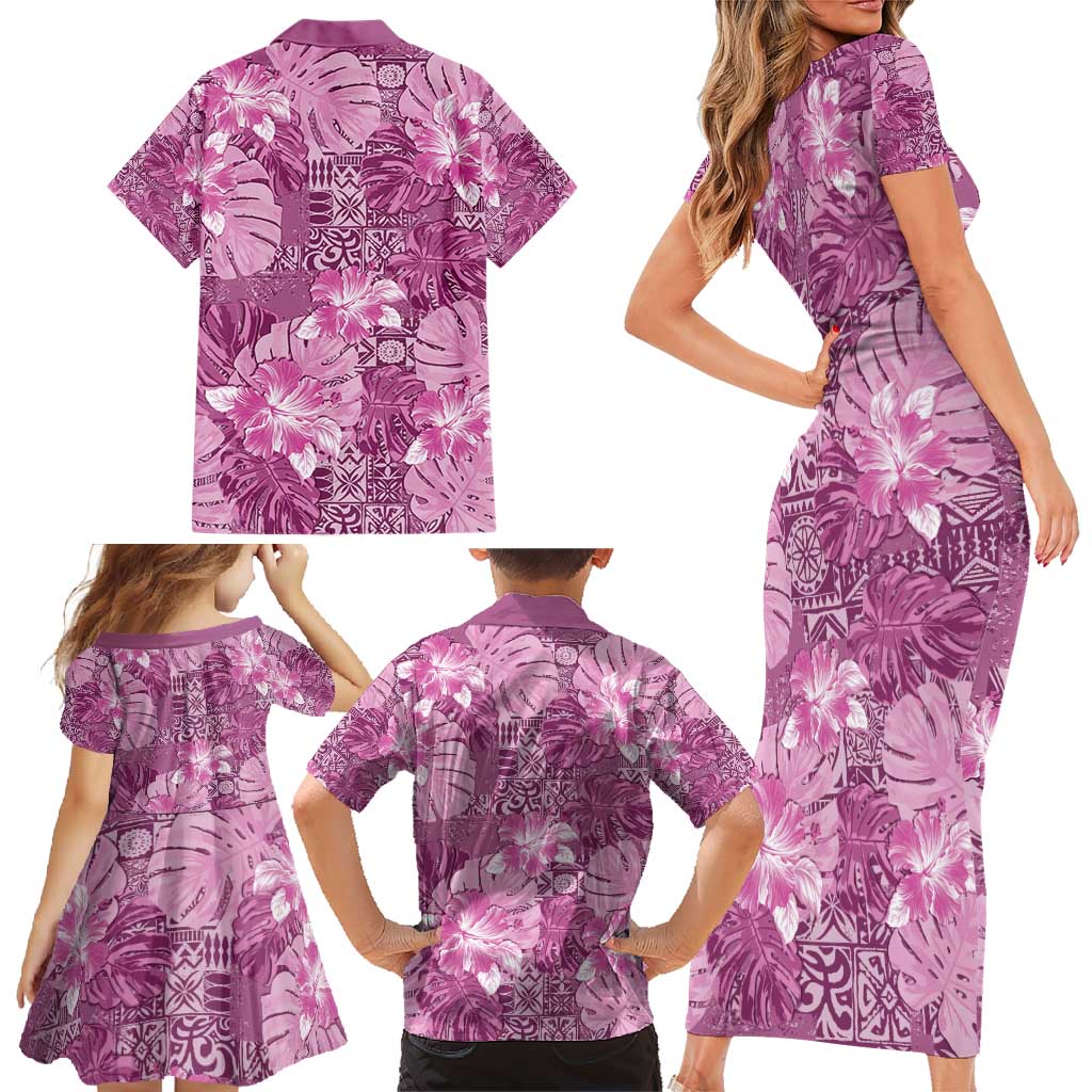 Hawaii Family Matching Short Sleeve Bodycon Dress and Hawaiian Shirt Magenta Polynesian Monstera Patterns DT05 - Polynesian Pride