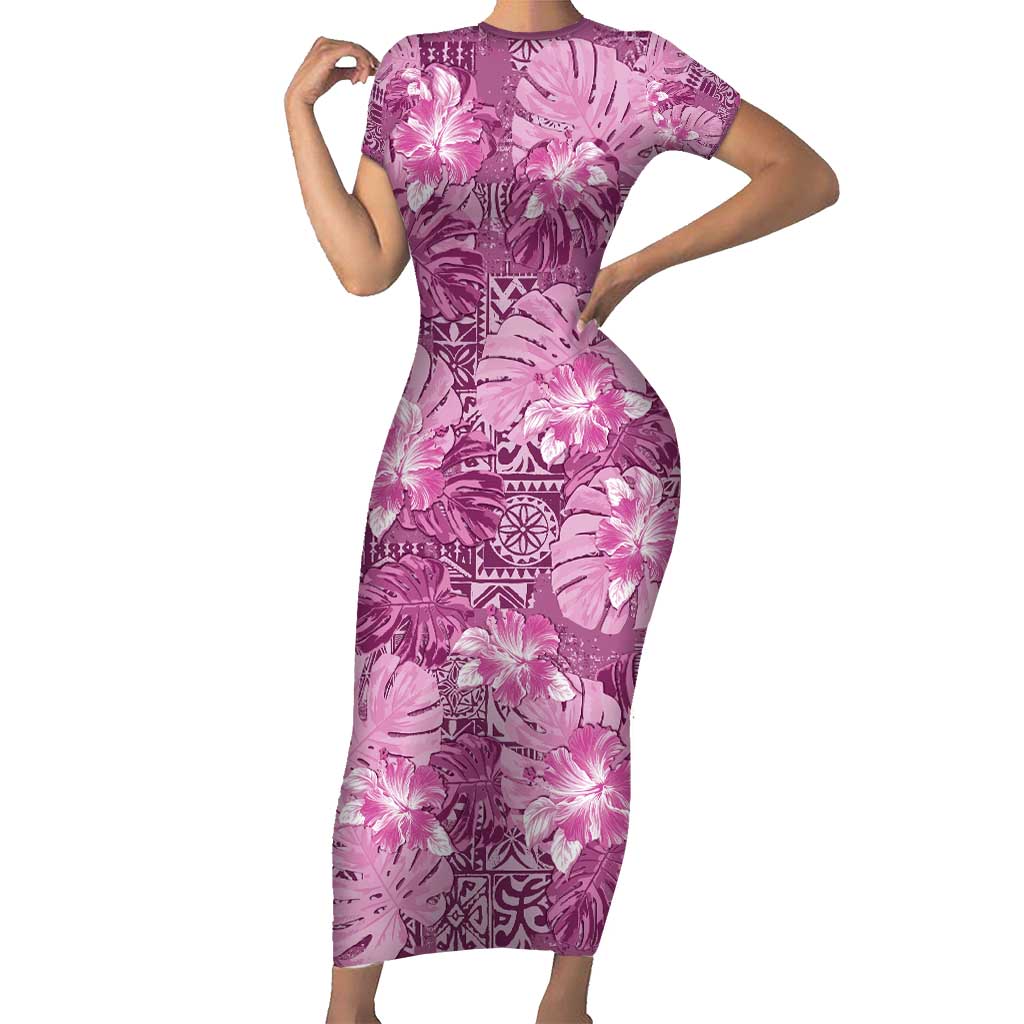 Hawaii Family Matching Short Sleeve Bodycon Dress and Hawaiian Shirt Magenta Polynesian Monstera Patterns DT05 Mom's Dress Magenta - Polynesian Pride