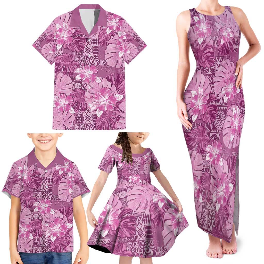 Hawaii Family Matching Tank Maxi Dress and Hawaiian Shirt Magenta Polynesian Monstera Patterns DT05 - Polynesian Pride