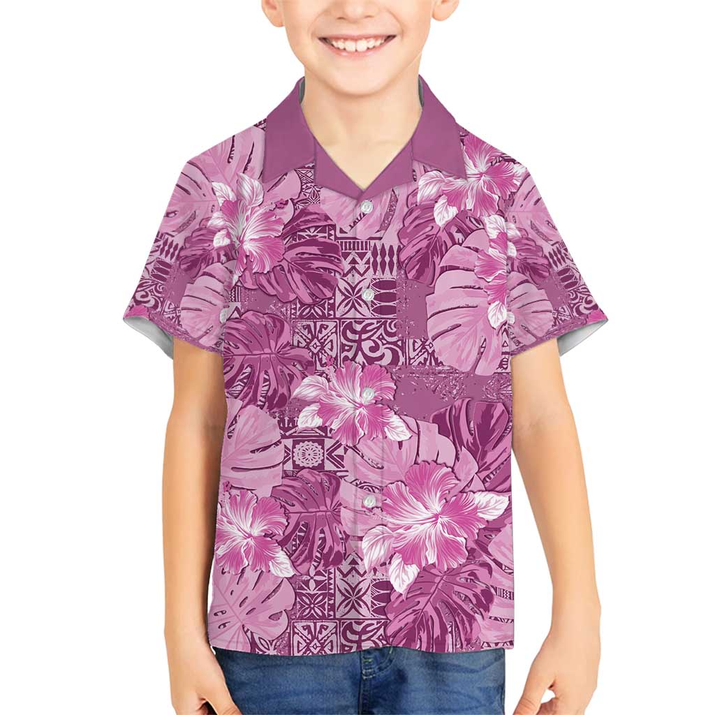 Hawaii Family Matching Tank Maxi Dress and Hawaiian Shirt Magenta Polynesian Monstera Patterns DT05 Son's Shirt Magenta - Polynesian Pride