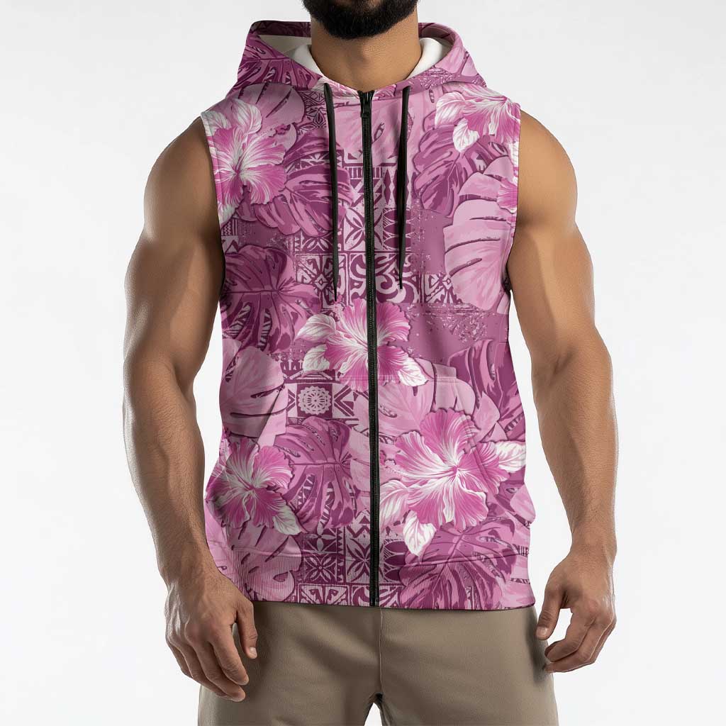 Hawaii Sleeveless Zip Hoodie Magenta Polynesian Monstera Patterns - Polynesian Pride