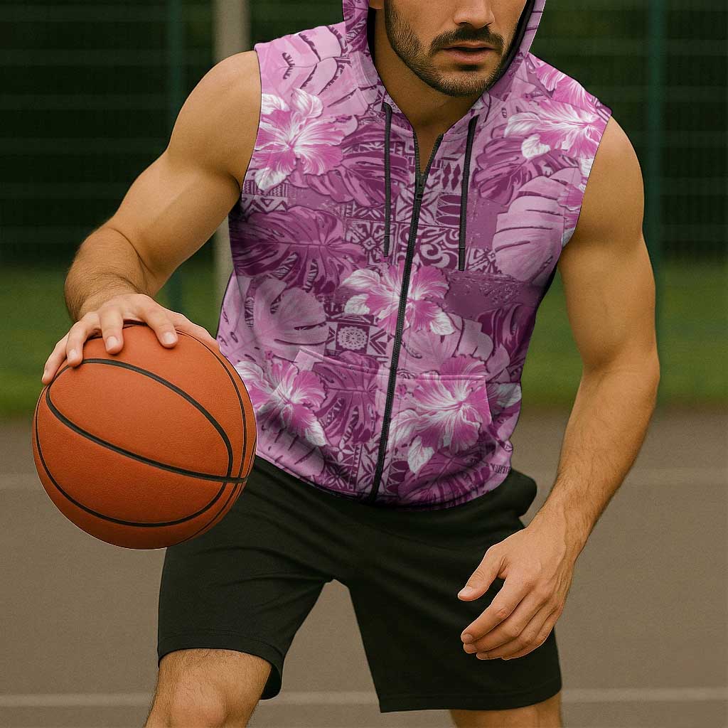 Hawaii Sleeveless Zip Hoodie Magenta Polynesian Monstera Patterns - Polynesian Pride