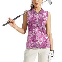 Hawaii Women Sleeveless Polo Shirt Magenta Polynesian Monstera Patterns - Polynesian Pride