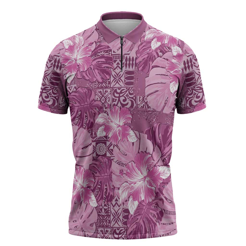Hawaii Zipper Polo Shirt Magenta Polynesian Monstera Patterns - Polynesian Pride