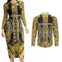 Aotearoa Ngati Whatua Couples Matching Long Sleeve Bodycon Dress and Long Sleeve Button Shirt Maori Tribal Gold Paua Shell Pattern DT05 Yellow - Polynesian Pride