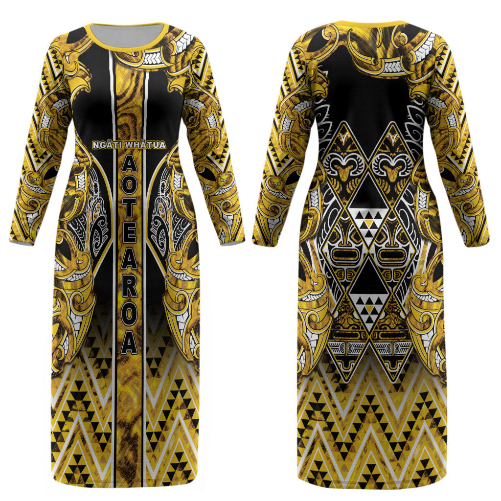 Aotearoa Ngati Whatua Couples Matching Long Sleeve Bodycon Dress and Long Sleeve Button Shirt Maori Tribal Gold Paua Shell Pattern DT05 - Polynesian Pride