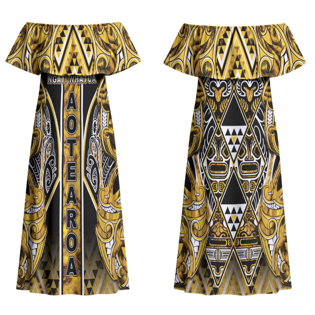 Aotearoa Ngati Whatua Couples Matching Off Shoulder Maxi Dress and Long Sleeve Button Shirt Maori Tribal Gold Paua Shell Pattern DT05 - Polynesian Pride