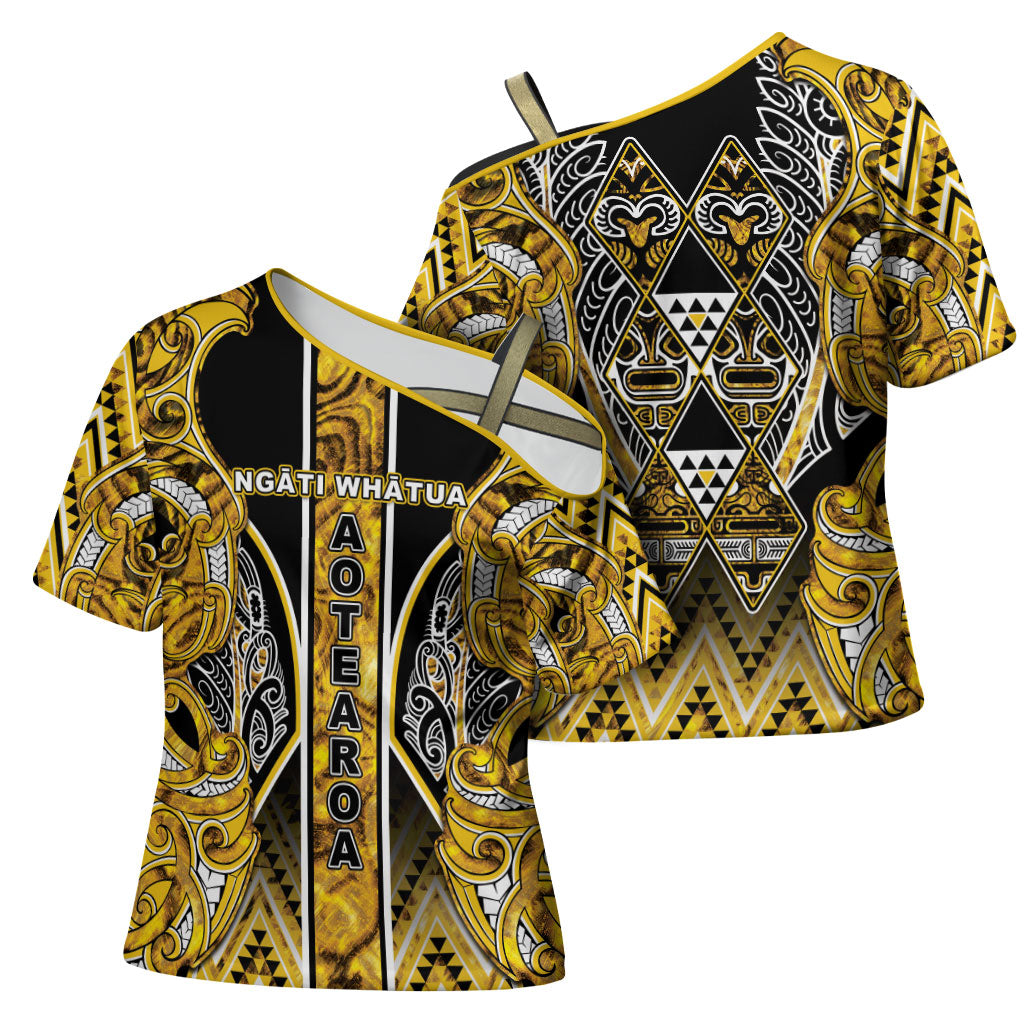 Aotearoa Ngati Whatua Cross Shoulder Shirt Maori Tribal Gold Paua Shell Pattern DT05 - Polynesian Pride