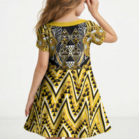 Aotearoa Ngati Whatua Kid Short Sleeve Dress Maori Tribal Gold Paua Shell Pattern DT05 - Polynesian Pride