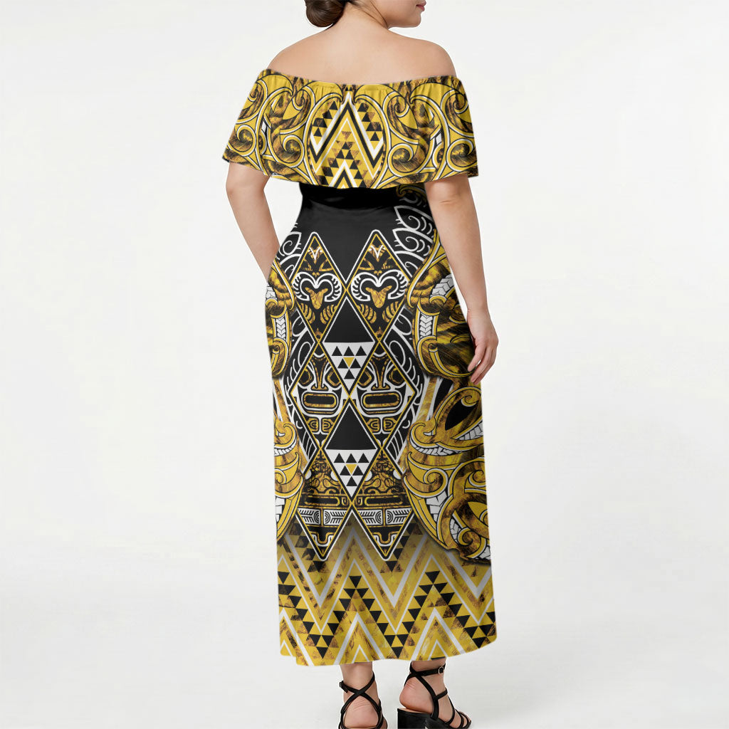 Aotearoa Ngati Whatua Off Shoulder Maxi Dress Maori Tribal Gold Paua Shell Pattern DT05 - Polynesian Pride