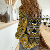 Aotearoa Ngati Whatua Women Casual Shirt Maori Tribal Gold Paua Shell Pattern DT05 - Polynesian Pride