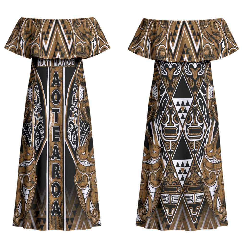 Aotearoa Kati Mamoe Couples Matching Off Shoulder Maxi Dress and Hawaiian Shirt Maori Brown Tribal Paua Shell Pattern DT05 - Polynesian Pride