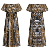 Aotearoa Kati Mamoe Couples Matching Off Shoulder Maxi Dress and Hawaiian Shirt Maori Brown Tribal Paua Shell Pattern DT05 - Polynesian Pride