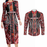 Aotearoa Ngapuhi Couples Matching Long Sleeve Bodycon Dress and Long Sleeve Button Shirt Maori Red Tribal Paua Shell Pattern DT05 Red - Polynesian Pride