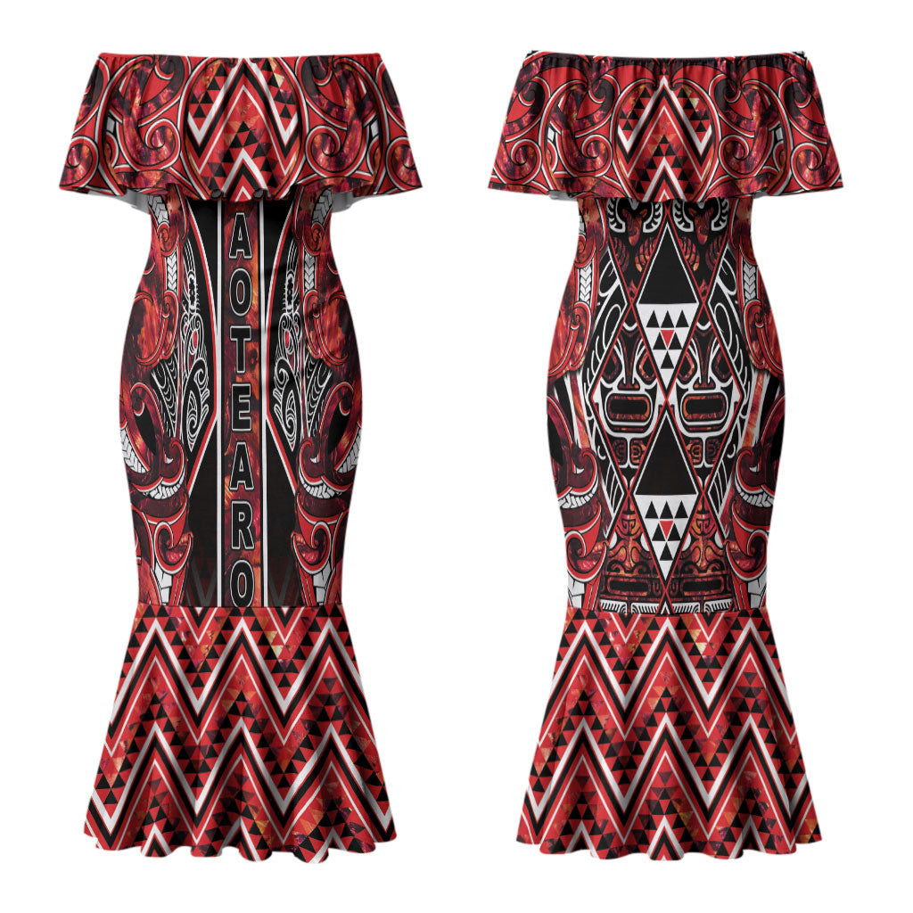 Aotearoa Ngapuhi Couples Matching Mermaid Dress and Long Sleeve Button Shirt Maori Red Tribal Paua Shell Pattern DT05 - Polynesian Pride