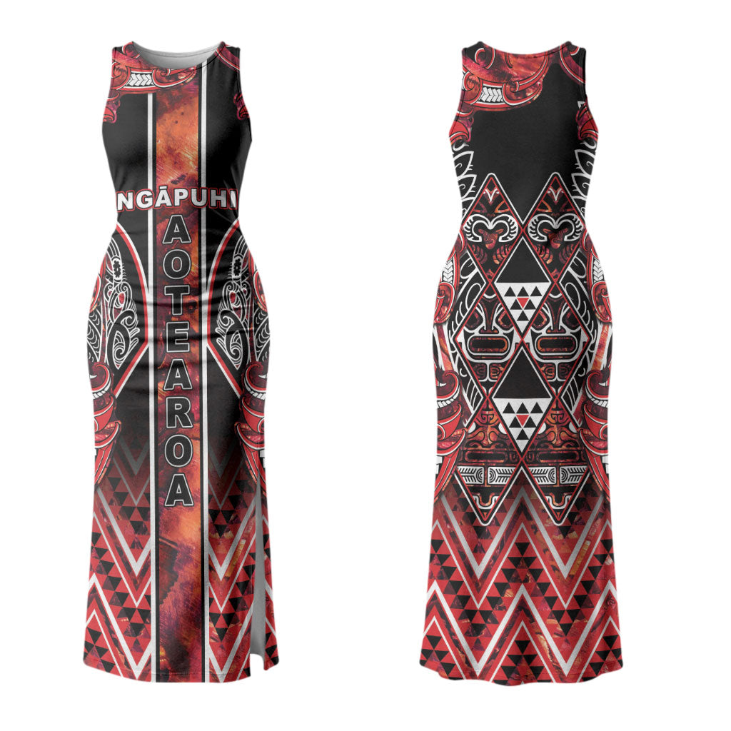 Aotearoa Ngapuhi Couples Matching Tank Maxi Dress and Long Sleeve Button Shirt Maori Red Tribal Paua Shell Pattern DT05 - Polynesian Pride