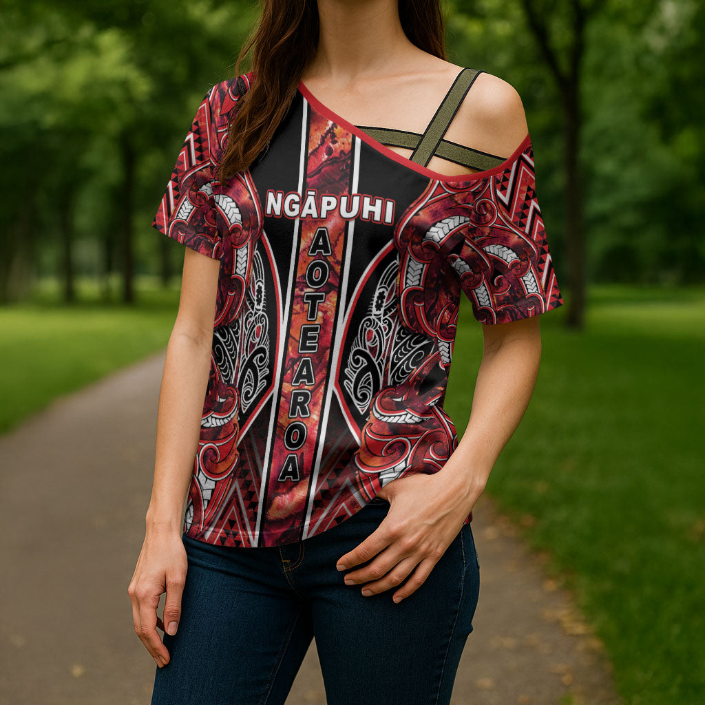 Aotearoa Ngapuhi Cross Shoulder Shirt Maori Red Tribal Paua Shell Pattern DT05 - Polynesian Pride