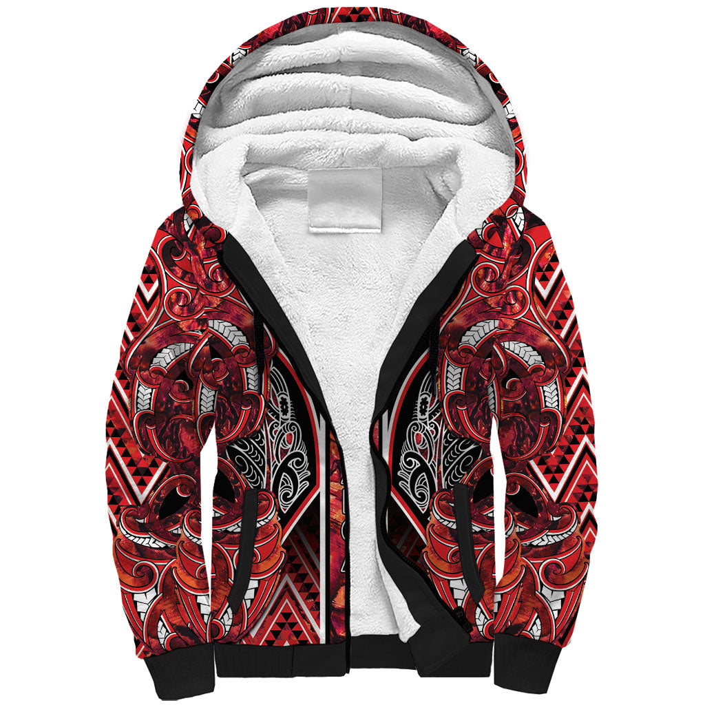 Aotearoa Ngapuhi Sherpa Hoodie Maori Red Tribal Paua Shell Pattern DT05 Unisex Red - Polynesian Pride