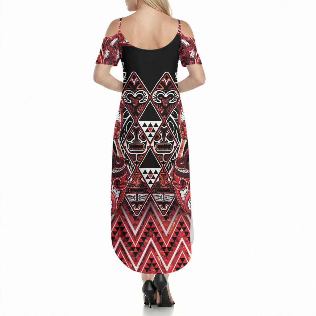 Aotearoa Ngapuhi Summer Maxi Dress Maori Red Tribal Paua Shell Pattern DT05 - Polynesian Pride