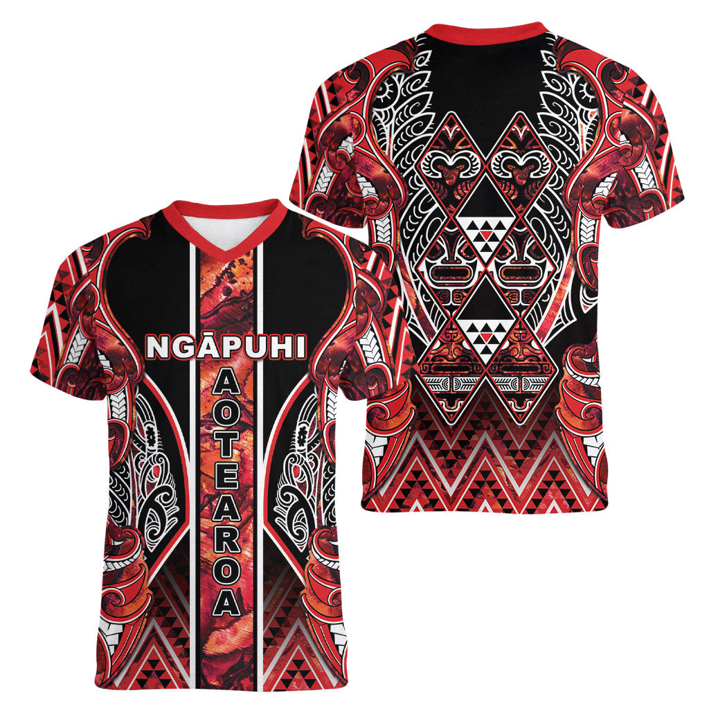 Aotearoa Ngapuhi Women V-Neck T-Shirt Maori Red Tribal Paua Shell Pattern DT05 - Polynesian Pride
