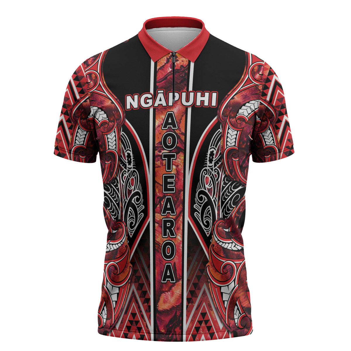 Aotearoa Ngapuhi Zipper Polo Shirt Maori Red Tribal Paua Shell Pattern DT05 Red - Polynesian Pride