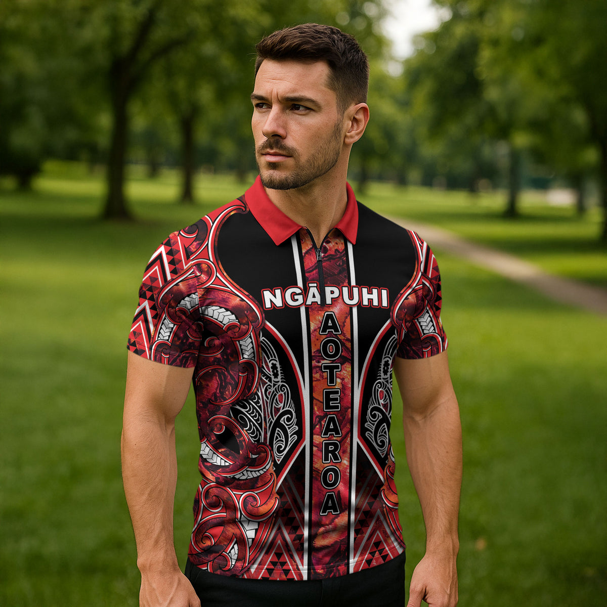 Aotearoa Ngapuhi Zipper Polo Shirt Maori Red Tribal Paua Shell Pattern DT05 - Polynesian Pride