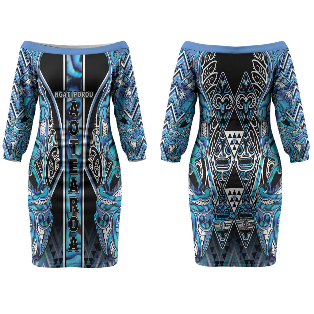 Aotearoa Ngati Porou Couples Matching Off The Shoulder Long Sleeve Dress and Long Sleeve Button Shirt Maori Light Blue Tribal Paua Shell Pattern DT05 - Polynesian Pride