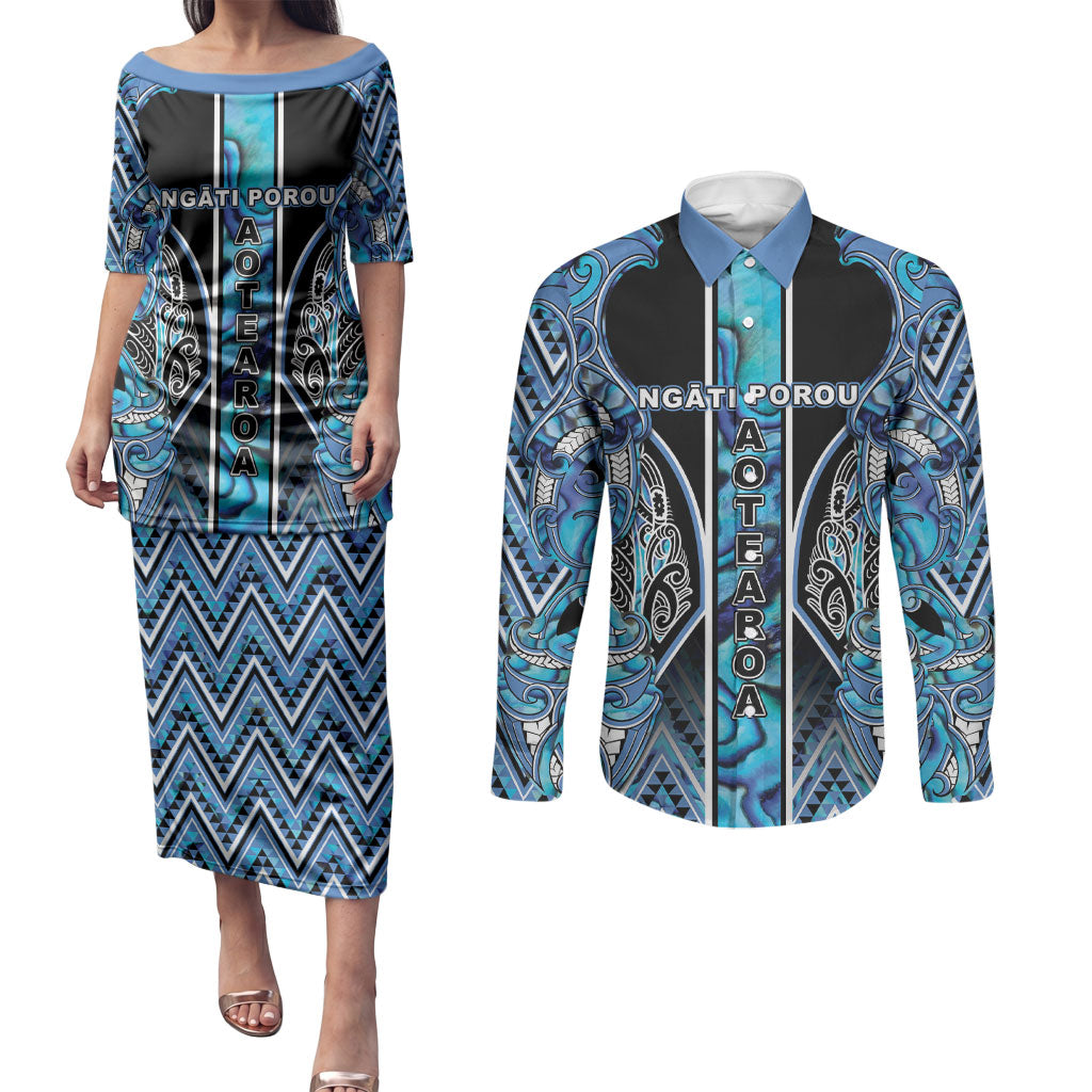 Aotearoa Ngati Porou Couples Matching Puletasi and Long Sleeve Button Shirt Maori Light Blue Tribal Paua Shell Pattern DT05 Blue - Polynesian Pride