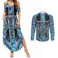 Aotearoa Ngati Porou Couples Matching Summer Maxi Dress and Long Sleeve Button Shirt Maori Light Blue Tribal Paua Shell Pattern DT05 Blue - Polynesian Pride