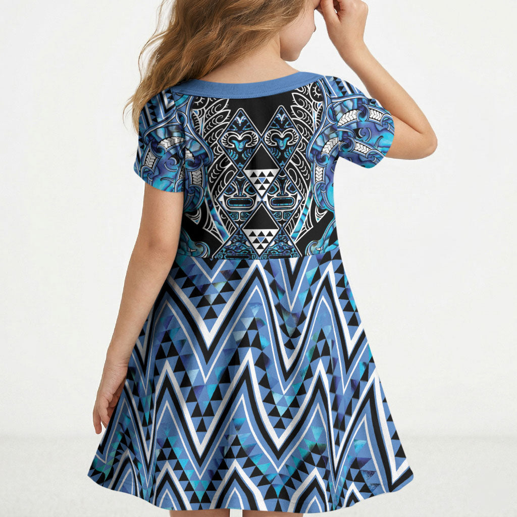 Aotearoa Ngati Porou Kid Short Sleeve Dress Maori Light Blue Tribal Paua Shell Pattern DT05 - Polynesian Pride