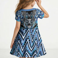 Aotearoa Ngati Porou Kid Short Sleeve Dress Maori Light Blue Tribal Paua Shell Pattern DT05 - Polynesian Pride