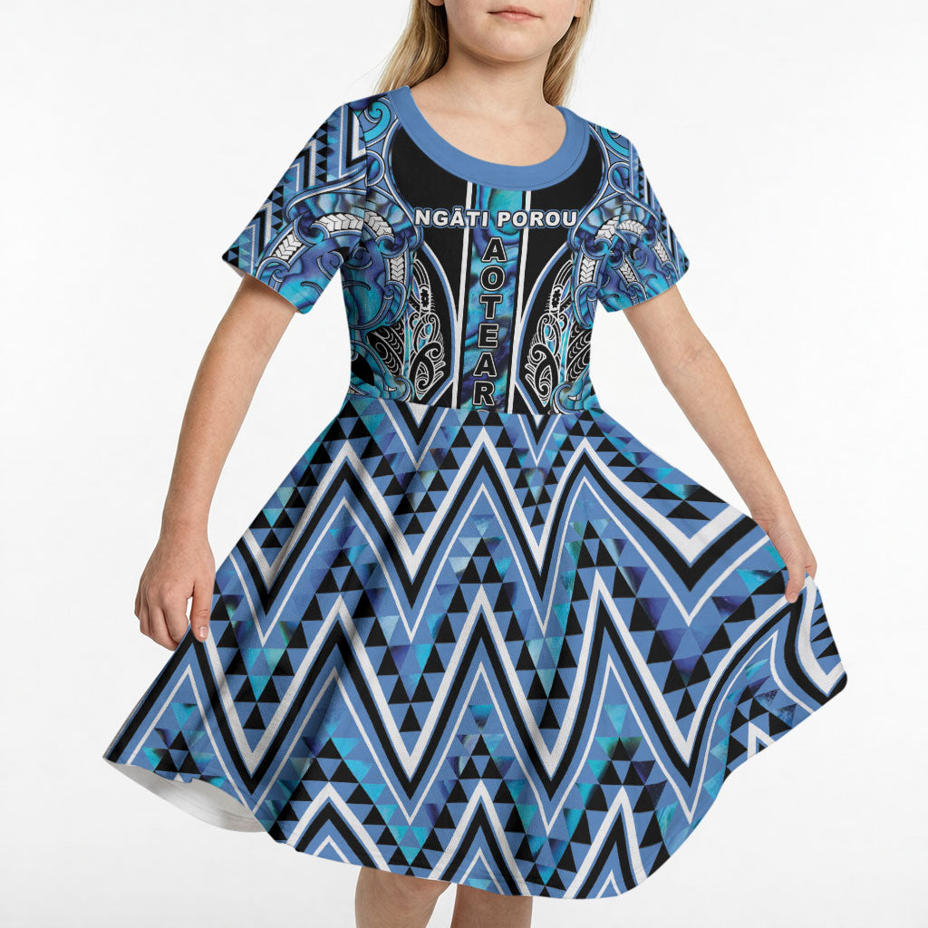 Aotearoa Ngati Porou Kid Short Sleeve Dress Maori Light Blue Tribal Paua Shell Pattern DT05 - Polynesian Pride
