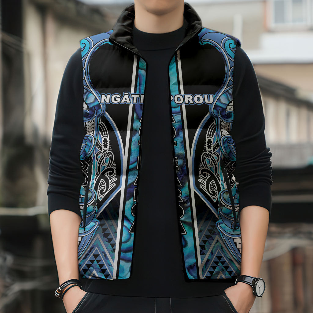 Aotearoa Ngati Porou Sleeveless Puffer Jacket Maori Light Blue Tribal Paua Shell Pattern DT05 - Polynesian Pride