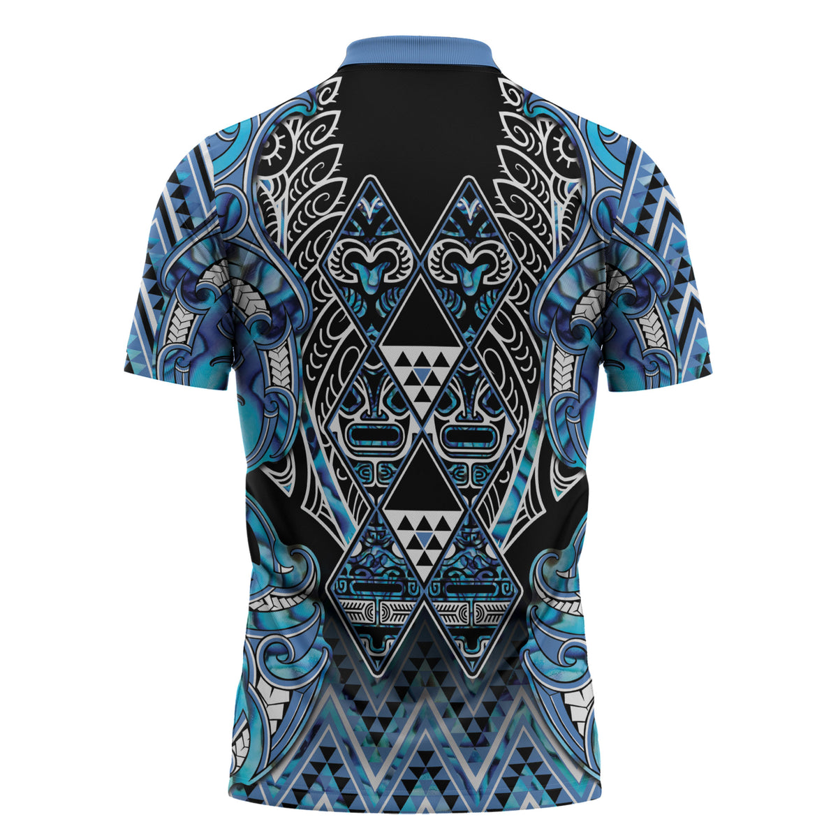 Aotearoa Ngati Porou Zipper Polo Shirt Maori Light Blue Tribal Paua Shell Pattern DT05 - Polynesian Pride