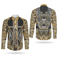 Aotearoa Waikato Tainui Couples Matching Puletasi and Long Sleeve Button Shirt Maori Light Gold Tribal Paua Shell Pattern DT05 - Polynesian Pride