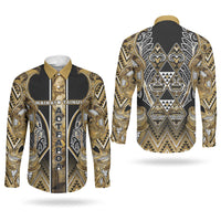 Aotearoa Waikato Tainui Couples Matching Short Sleeve Bodycon Dress and Long Sleeve Button Shirt Maori Light Gold Tribal Paua Shell Pattern DT05 - Polynesian Pride