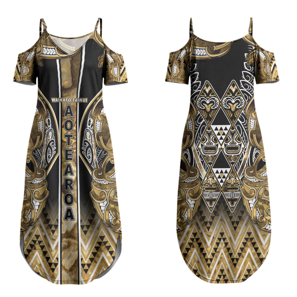 Aotearoa Waikato Tainui Couples Matching Summer Maxi Dress and Long Sleeve Button Shirt Maori Light Gold Tribal Paua Shell Pattern DT05 - Polynesian Pride