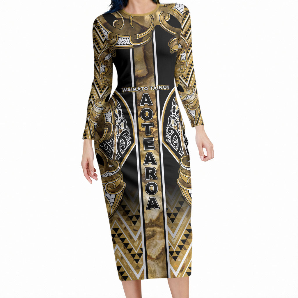 Aotearoa Waikato Tainui Long Sleeve Bodycon Dress Maori Light Gold Tribal Paua Shell Pattern DT05 Long Dress Yellow - Polynesian Pride
