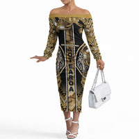 Aotearoa Waikato Tainui Off The Shoulder Long Sleeve Dress Maori Light Gold Tribal Paua Shell Pattern DT05 Women Yellow - Polynesian Pride