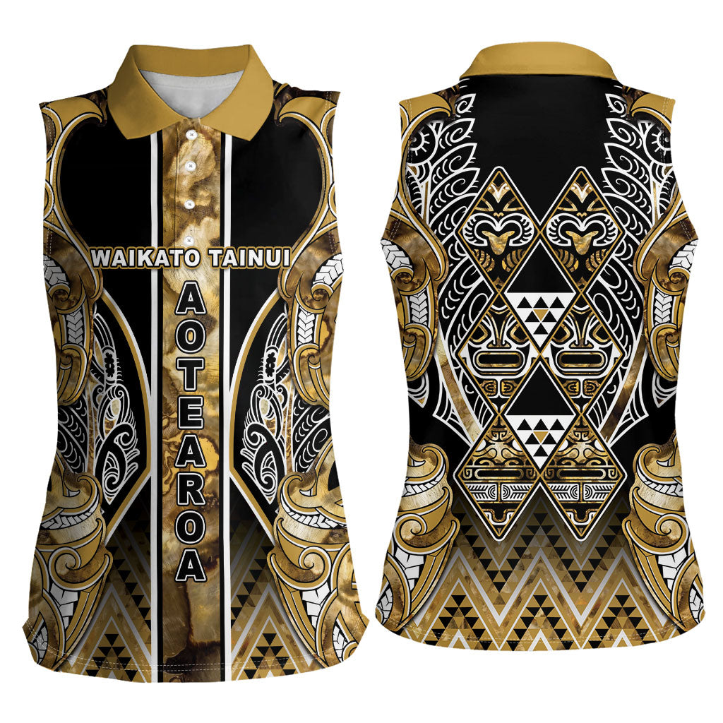 Aotearoa Waikato Tainui Women Sleeveless Polo Shirt Maori Light Gold Tribal Paua Shell Pattern DT05 - Polynesian Pride