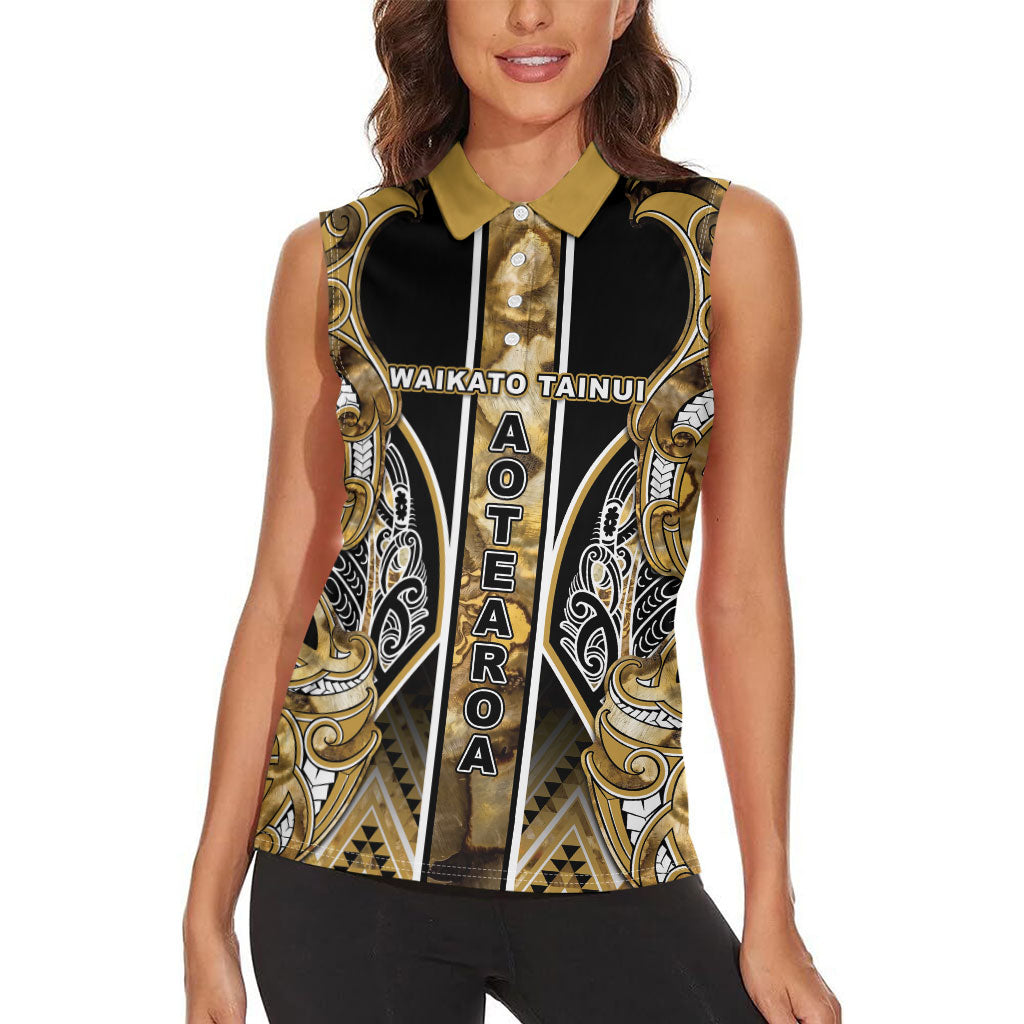 Aotearoa Waikato Tainui Women Sleeveless Polo Shirt Maori Light Gold Tribal Paua Shell Pattern DT05 - Polynesian Pride