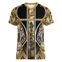 Aotearoa Waikato Tainui Women V-Neck T-Shirt Maori Light Gold Tribal Paua Shell Pattern DT05 Female Yellow - Polynesian Pride
