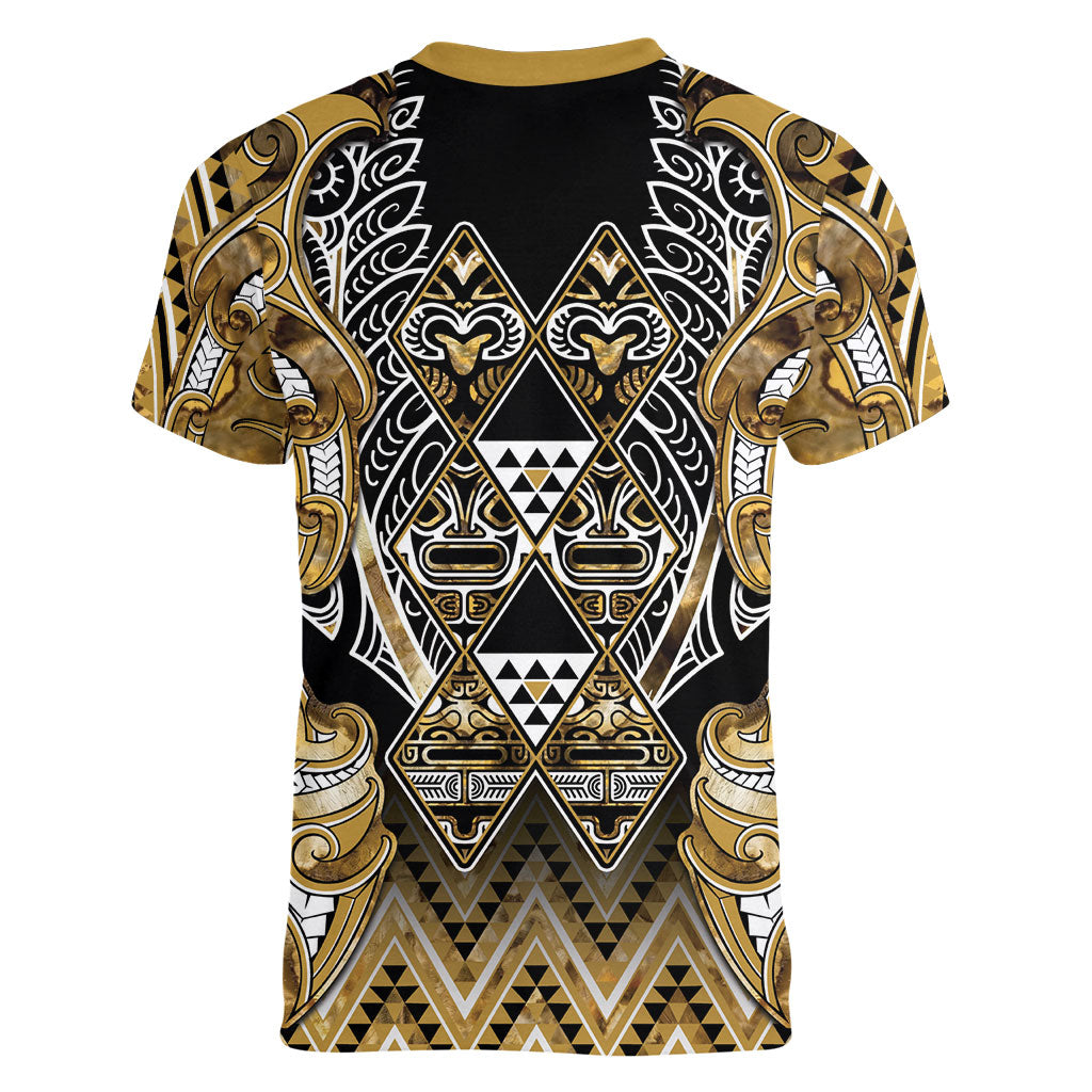 Aotearoa Waikato Tainui Women V-Neck T-Shirt Maori Light Gold Tribal Paua Shell Pattern DT05 - Polynesian Pride
